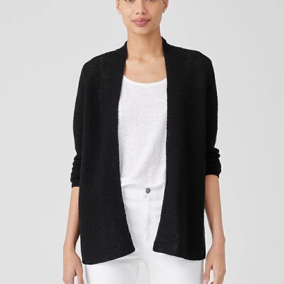 Eileen Fisher Woman Size 1X Black Textured Cotton Blend Notched Collar Cardigan. - Picture 2 of 6